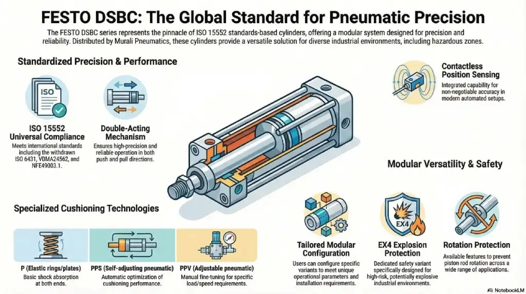 A technical infographic of the FESTO DSBC pneumatic cylinder showcasing its ISO 15552 compliance, cushioning technologies, and modular safety features.